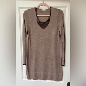 Soft Angora Blend Long Sleeve Sweater Dress Tunic Beaded Neckline & Sleeves SM